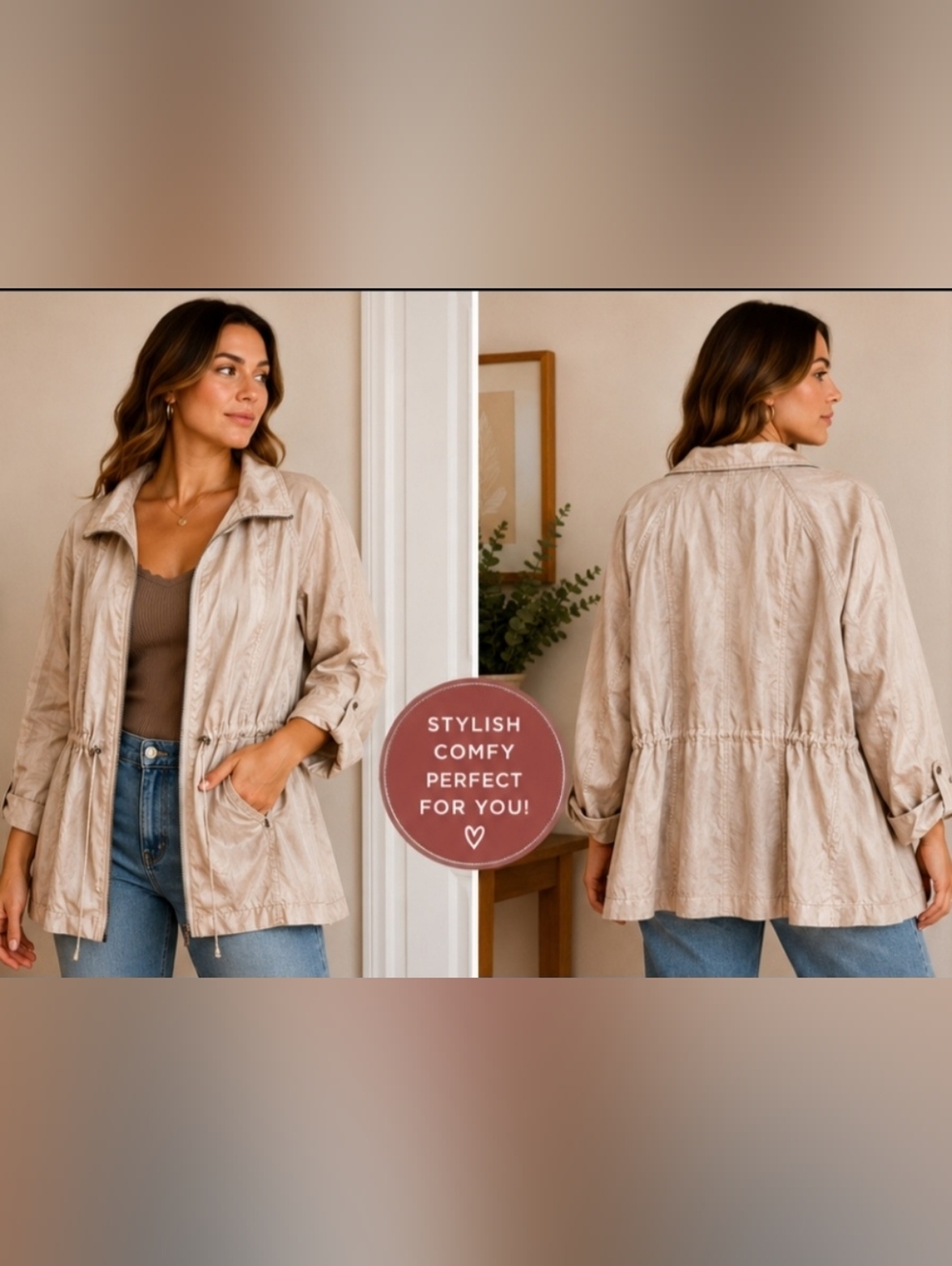 Ruby Rd. Lightweight Beige Drawstring Utility Jacket for Women